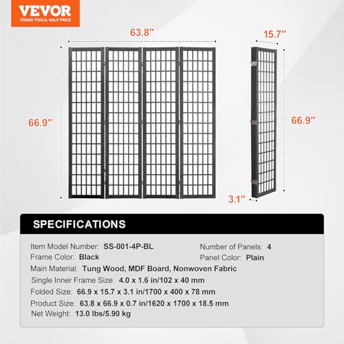 VEVOR Room Divider, 4 Panel Japanese Room Divider, Wood Folding Privacy Screen Indoor, Japanese Partition Dividers Portable Decoration Screens, for Room Separation Home Office Restaurant & Bedroom - color: Black, size: 4 Panel