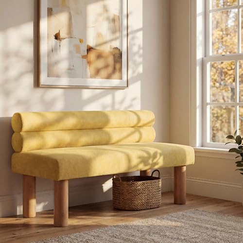 Christopher Knight Home Wally Fabric Upholstered Dining Bench, Long Dining Room Chair, Wooden Entryway Bench, Bedroom End of Bed Bench, Yellow+Natural - color: Yellow+natural