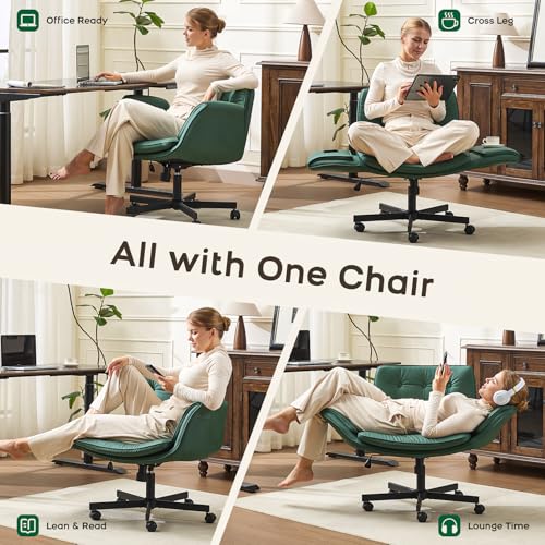amseatec Criss Cross Office Chair, Swivel Makeup Vanity Chair with Wheels | Wide PU seat supports cross-legged, fidget-friendly sitting; 5-level armrests create pet space; wipe-clean finish eases care - color: Green