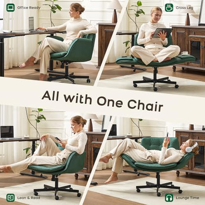 amseatec Criss Cross Office Chair, Swivel Makeup Vanity Chair with Wheels | Wide PU seat supports cross-legged, fidget-friendly sitting; 5-level armrests create pet space; wipe-clean finish eases care - color: Green