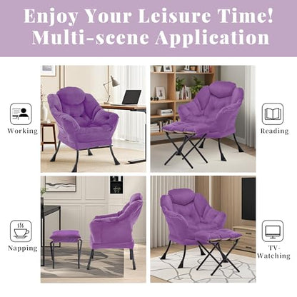 Lazy Chair with Ottoman, Comfy Reading Chair, Purple | Cushioned Seat with Foldable Ottoman and Side Pocket, Lounge Chair for Bedroom, Living Room, Dorm and Small Spaces - color: Purple