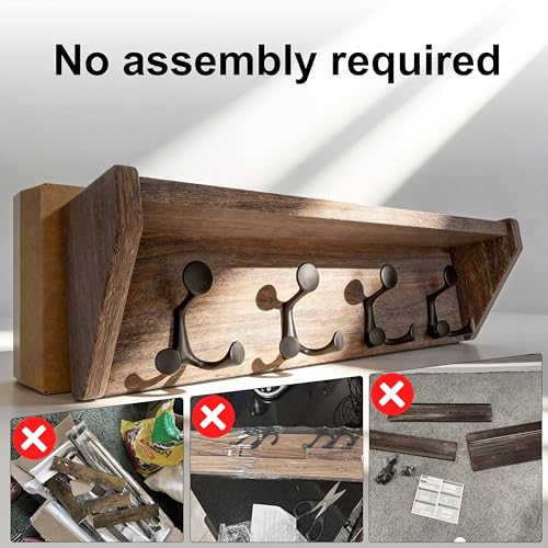 SKOLOO Wall Shelf with Hooks, 24-Inch, Weathered Brown | Coat Rack Wall Mount with Shelf, Heavy Duty, 4 Tri Hooks, Perfect for Entryway, Hallway, Living Room, Bedroom, Mudroom - color: Weathered Brown, size: 24 inch with 4 hooks