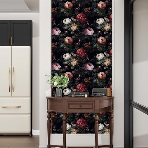Black Vintage Floral Peel and Stick Wallpaper 17.5" x 787" | Waterproof Vinyl Self Adhesive Removable Renter Friendly Floral Contact Paper - color: Black, size: 17.5" x 787.4"
