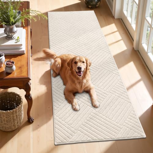 2x6 Bedroom Runner, Soft Beige Geometric Fluffy Hallway Mat | Washable Modern Hall Floor Rug, Non Slip Shaggy Boho Indoor Accent Kitchen Throw Carpet for Laundry, Entyway and Bathroom - size: 2' x 6' (Runner)