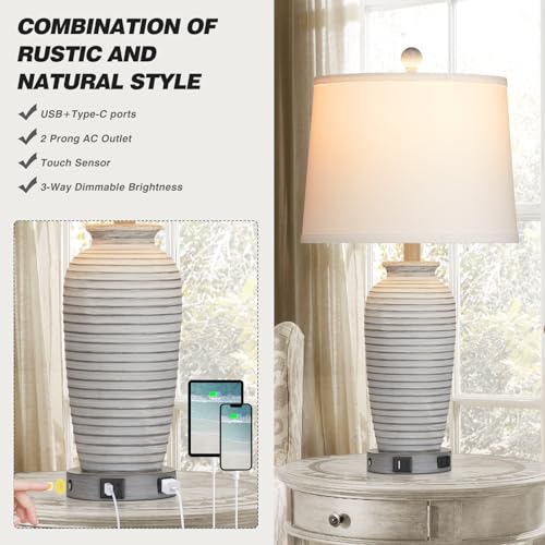 CINSARY 25" Farmhouse Jar Table Lamps Set of 2, 3 Way Touch Control Rustic Bedside Lamps with USB A+C Ports & AC Outlet, Pot Nightstand Lamps for Bedroom Living Room (LED Bulbs Included) - color: Grey-white