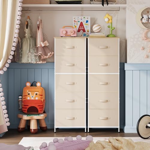 WLIVE Tall Dresser for Bedroom, 5 Drawer Dresser, Cream White | 5 vertical fabric drawers, Tall vertical design, Bedroom or closet use, Dresser for small spaces, Chest of drawers - color: Cream White