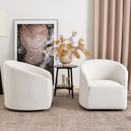 KINWELL 32" Wide Modern Boucle Swivel Barrel Chairs Set of 2, No Assembly Round Upholstered Swivel Accent Armchairs for Living Room, Bedroom (White) - color: White, style: Set of 2