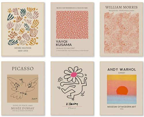 Matisse Wall Art Prints Set of 6, Abstract Matisse Wall Art Exhibition Posters Beige Yellow Picasso Flower Market Art Prints William Morris Poster, Boho Canvas Paintings Pictures for Aesthetic Room, - color: Beige Matisse Wall Prints, size: 8x10 inch