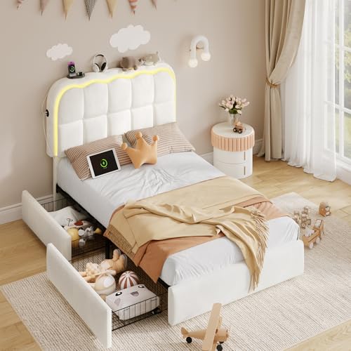 CypBed Twin Bed Frame with Storage Drawers and Headboard, White | Velvet Upholstered LED Platform Bed Frame – Sturdy Metal Cloud Bed Frame Twin with Wood Slats Support, No Box Spring Needed - color: White, size: Twin