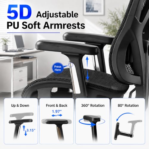 Ergonomic Office Chair, Full Mesh Desk Chair with 5D Armrests | Adjustable Lumbar Support & Headrest, 135° Stepless Reclining Backrest, Holds 350 LBS Home Task Computer Chair