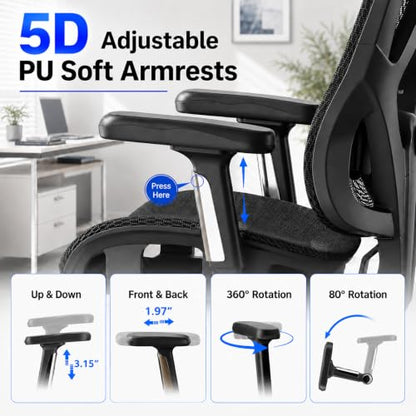 Ergonomic Office Chair, Full Mesh Desk Chair with 5D Armrests | Adjustable Lumbar Support & Headrest, 135° Stepless Reclining Backrest, Holds 350 LBS Home Task Computer Chair