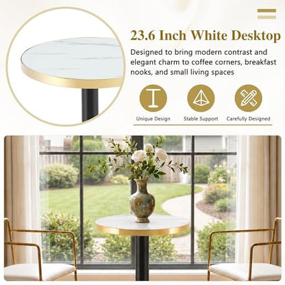 TesNus 23.6" Small Round Dining Table for 2, Circle Tulip Table, Faux Marble Top with Black Metal Pedestal Base, Modern Leisure Coffee Table for Small Spaces, Cafe, Office, White&Black - color: White Top&black Base
