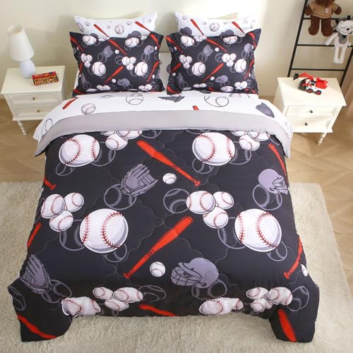 Baseball 7 Piece Bedding Set Sports Theme Twin Size Kids Boys Softball Comforter Set for Boys Kids Microfiber Comforter All Season (1 Comforter, 1 Flat Sheet, 1 Fitted Sheet, 4 Pillowcase) - color: Black Baseball, size: Twin