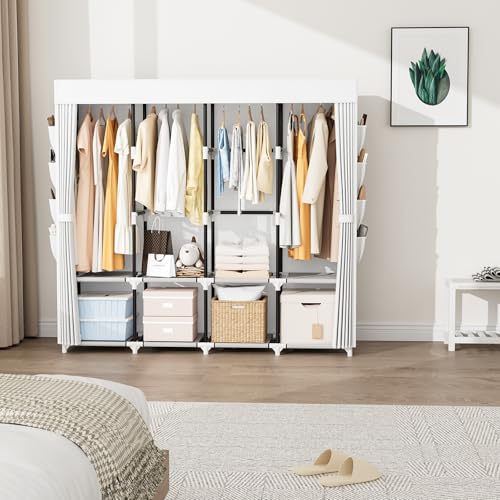 Portable Closet for Hanging Clothes, 67 Inch Wide Portable Wardrobe Closet with Cover, 4 Hanging Rod, Storage Shelves and Side Pockets, Large Free Standing Closet for Bedroom, White - color: White, size: 4 Row - 67'' Wide