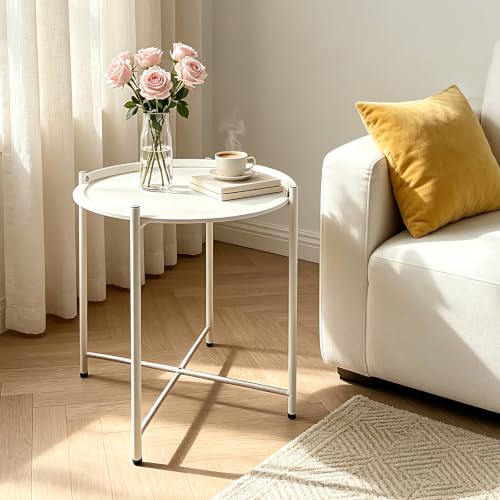 Lightdot White Round Side Table, 21" Small Corner End Table with Removable Tray, Metal Corner Tables for Living Room Bedroom Apartment Nightstand Snack Coffee Table Modern Minimalist Bedside Table - color: 21in White-round Metal