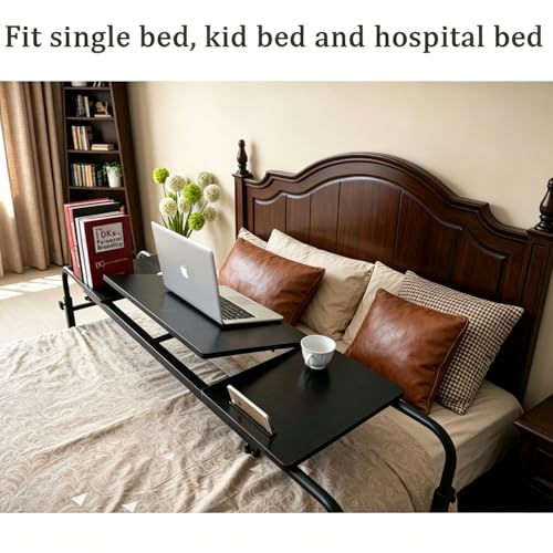 Overbed Laptop Cart Over The Bed Table with Wheels Adjustable Bed Hospital | Height length adjustable portable table hospital bed table tilting top recliner sofa bed table sturdy mobile rolling desk - color: Black