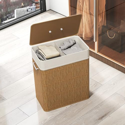 HOMCOM Double Laundry Basket with Lid 26.4 Gallon Bamboo Hamper Brown | Rope Handles, Clothes Hamper, Removable Liner, Bathroom, Bedroom - color: Brown