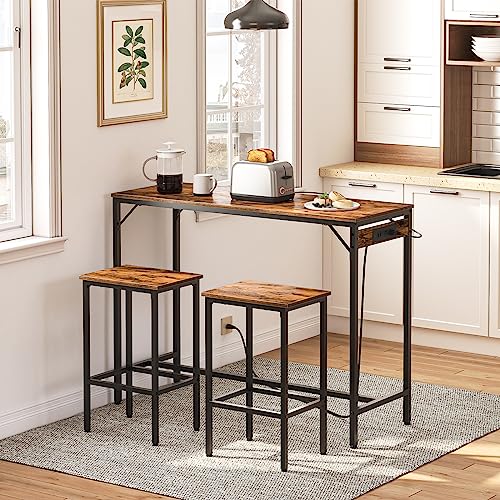 HOOBRO Bar Table and Chairs Set, 47.2" Dining Table Set with Power Outlet, 3-Piece Pub Table Set, Kitchen Bar Height Table with Stools of 2, Space Saving for Living Room, Rustic Brown BF46UBT01 - size: 47.2"L x 15.7"W x 36"H