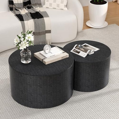 Nesting Coffee Table Set of 2, Round, Black | Hidden Storage, Leather Wrapped, Stackable End Tables, No Assembly Required, For Small Space Living Room Apartment - color: Black