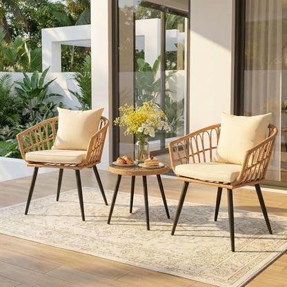 3-Piece Patio Dining Set, Featuring a Round PE Rattan Table and 2 Chairs, Suitable for Bedrooms, Porches and Gardens All-Weather Furniture Set Includes Tempered Glass, Thick Cushions - size: 3 Pieces