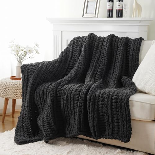 Battilo Chunky Knit Throw Blanket for Couch, 50"x60", Charcoal | Hand Knit, Dark Grey Throw Blanket, Cozy Warm Thick Soft Chenille Throw Blanket for Bed, Sofa, Living Room - color: Charcoal