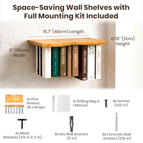 Pine Wood Floating Shelves for Wall, 2 Pack, 15.7 Inch, Light Brown | Two live edge pine shelves with hidden brackets; each 15.7 inches long and supports books, photos or plants up to 66 lb. - color: Light Brown