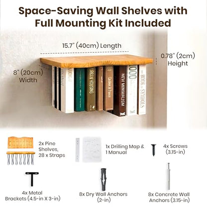 Pine Wood Floating Shelves for Wall, 2 Pack, 15.7 Inch, Light Brown | Two live edge pine shelves with hidden brackets; each 15.7 inches long and supports books, photos or plants up to 66 lb. - color: Light Brown