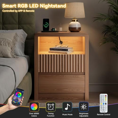 LYNSOM Fluted LED Nightstand Set of 2, Charging Station & 2 Drawers, Oak | Mid Century Modern Night Stand with Stoarge, Wood Bedside End Table with Curved Edge for Bedroom, Living Room, Office, 20" W - color: Oak, size: 2 Drawers
