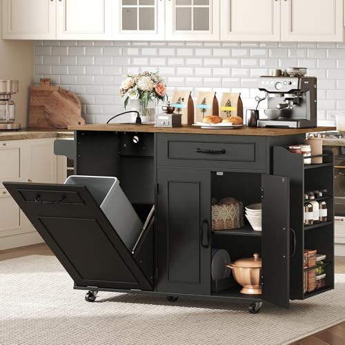 Kitchen Island with Power Outlet & Drop Leaf, Mobile Rolling Cart with Trash Can Storage, 3-Tier Spice Rack, Island Table for Kitchen, Dining Room, Black and Rustic Brown - color: Black + Rustic Brown