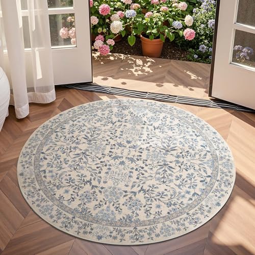 jinchan 4ft Washable Round Area Rug, Soft Floral Non-Slip, Blue/Cream | Low-Pile, Aesthetic Circle Carpet for Entryway Bedroom Kids Room Kitchen College Dorm - color: Blue/Cream, size: 4' (Round)