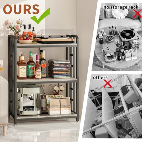 Baker's Rack with Power Outlet, 3-Tier Adjustable Microwave Cart, Greige | Microwave Stand with Storage, Spice Rack，Locking Wheels, Coffee Station for Kitchen，Living Room，Coffee Bar，Office - color: Greige