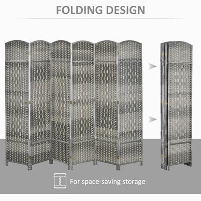 HOMCOM 6 Panel Room Divider 6 Ft Privacy Screen Hand-Woven Mixed Gray | Folding PP Wall Partition, Pine Wood Frame, Freestanding Room Separator, Bedroom Home Office, No Assembly - color: Mixed Gray, size: 6 Panel