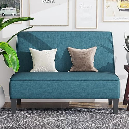 Small Loveseat, Blue Mini Sofa Couch Accent Upholstered Bench with Back Living Room Bedroom Office Armless Love Seat Settee - color: Blue