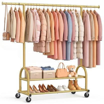 Heavy Duty Clothes Rack for Hanging Clothes Load 556 LBS, Height Adjustable Rolling Clothing Racks, Portable Metal Coat Rack Garment Wardrobe with Wheels and Shelves for Bedroom Laundry, Gold - color: Gold, style: 2 Shelves