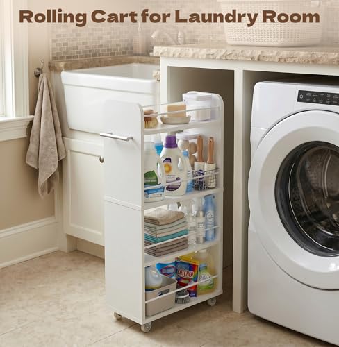 Slim Rolling Storage Cart,4 Tier White Rolling Utility Cart Slide Out Rack | Narrow Spice Rack Organizer Trolley for Kitchen Bathroom Larundry Small Corner 7.7inch wide - size: 4-Tier