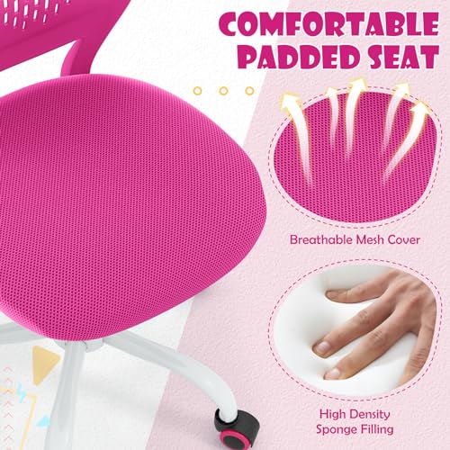 POWERSTONE Small Home Office Desk Chair, Swivel Rolling Study Computer Chair, Adjustable Height Task Chair with Armless Mid Back, Upholstered Mesh Seat, Rose - color: Rose