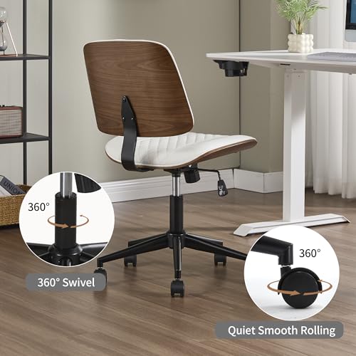 VipDesk Small Home Office Chair - Armless Mid Back Desk Chair with 360° Swivel and Wheels, PU Upholstered Height Adjustable Modern Walnut Computer Chair for Home, Office Meeting Room - White - color: White, size: MCM Style