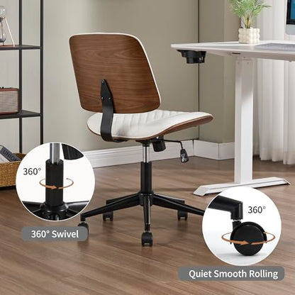 VipDesk Small Home Office Chair - Armless Mid Back Desk Chair with 360° Swivel and Wheels, PU Upholstered Height Adjustable Modern Walnut Computer Chair for Home, Office Meeting Room - White - color: White, size: MCM Style