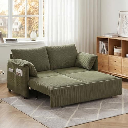 65" Convertible Sofa Bed Loveseat, Corduroy Sleeper Couch, 3 in 1 Folding Couch Sofa for Small Spaces,Apartment and Living Room. (Green)