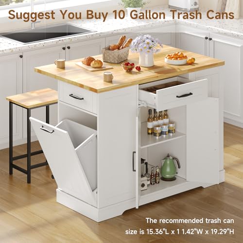 47" Kitchen Island with Seating, Stationary Island Table with Storage Include 2 Chairs, Kitchen Islands with Drop Leaf, Dining Table with Trash Cabinet & Power Outlet & Spice Rack, White - color: White