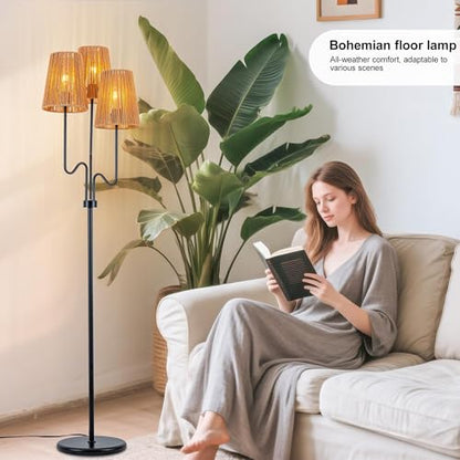 MAYNA 3-Light Black Boho Floor Lamp with Handwoven Rattan Shades | Adjustable Swiveling Arms, Foot Switch Standinmg Floor Lamp for Living Room & Bedroom, 3 LED Bulbs Included - color: Black 3 Lights