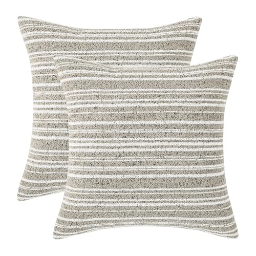 Chenille Striped Throw Pillow Covers 18x18, Set of 2, Khaki | Soft Textured Decorative Cushion Covers for Couch, Sofa and Bed, Warm Neutral Modern Farmhouse and Boho Home Decor - color: Khaki
