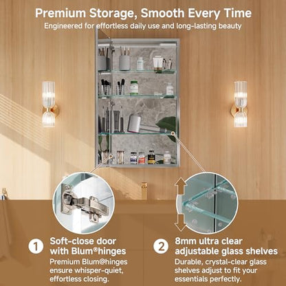 20" x 36" Bathroom Medicine Cabinet with Mirror, Recessed or Wall Mount | Medicine Cabinets with Adjustable Glass Shelves, Soft-Closed Hinge, Chrome Aluminum Frame, Reverse Installation - size: 20" x 36"