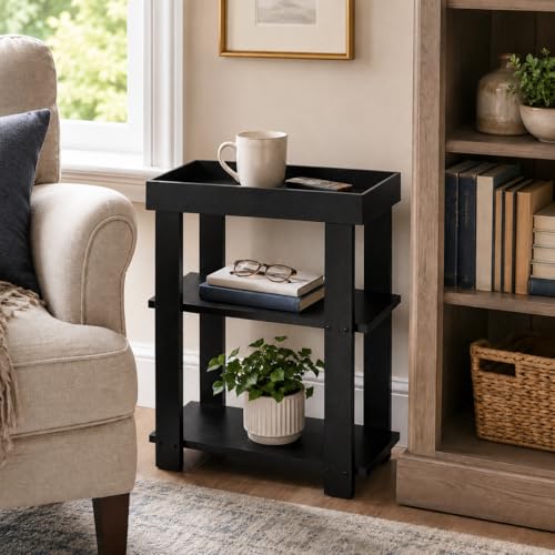 3-Tier Narrow Side Table with Tray Top, Slim Side Table, Black | Farmhouse Narrow End Table with Storage, Modern Slim Table Nightstand for Small Spaces, Bedroom or Living Room - color: Black