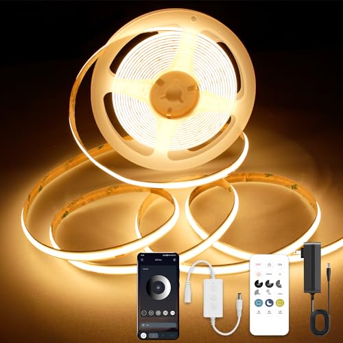 AXMOTUT COB LED Strip Lights with RF Remote, 24V 32.8ft Warm White Dimmable LED Light Strips, High Bright 2700K LED Lights with Power Supply for Room, Kitchen, DIY Home Decoration - size: 2700K/32fT