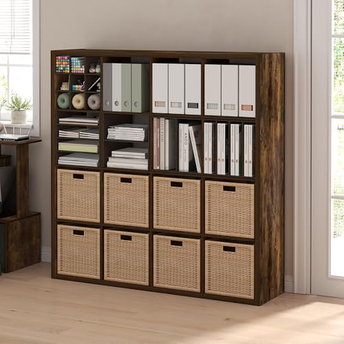 Furinno Cubicle 16-Cube Book Shelf, Extra Thick Frame Bookshelf, Amber Pine | 14.6" x 58" x 58", Reversible Bookcase with Open Back, for Living Room, Bedroom, Home Office - color: Amber Pine, size: 16-Cube