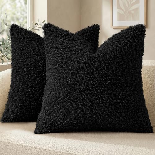 decorUhome Sherpa Decorative Throw Pillow Covers 26x26 Set of 2 Black | Soft Fuzzy Texture, Heart-Shaped Zipper, Cozy Square Accent Pillow Covers for Sofa Couch Living Room Bedroom, Neutral Style - color: Black, size: 26" x 26" (Pack of 2)