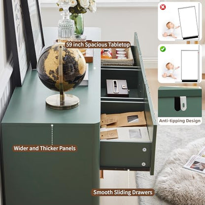 Fluted 9 Drawer Dresser,59"Wide Modern Chest of Drawers with Sturdy Base,Wood Closet Organizers,TV Stand,Storage Dresser with 9 Deep Drawers for Bedroom Living Room Hallway Entryway Nursery(Green) - color: 47" Wide Walnut