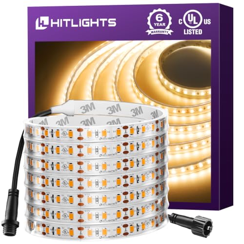 HitLights Outdoor LED Strip Lights Waterproof, Warm White 3000K, 12V 16.4FT | IP67, UL-Listed, 600 LEDs, 252-300Lm/ft, CRI90+, High Density Tape Lighting for Kitchen RV Exterior,Power Source Not Included - color: Warm White 3000K, size: 3000K - IP67 Water