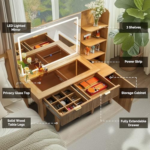 Vanity Desk with Stool, Mirror and Lights 3 Color, Makeup Vanity with Power Outlet, Dressing Table with Drawers, Storage Shelves, Adjustable Brightness, Naturel - color: Natural